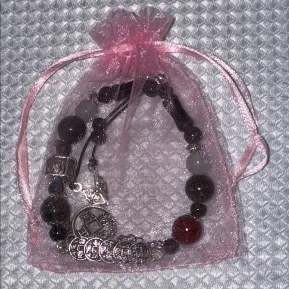 BOHO Bracelet Asian Coin Glass Bead Silver Detail Chain Stretch 6”- 6.5” New - Picture 16 of 16